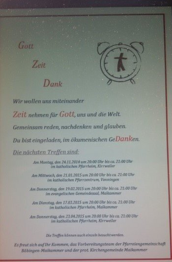 Ökumenische Abendtreffen "Gott-Zeit-Dank" Ein Plakat mit einem Wecker und der Überschrift „Gott-Zeit-Dank“ beschreibt die Intention dieser Aktion